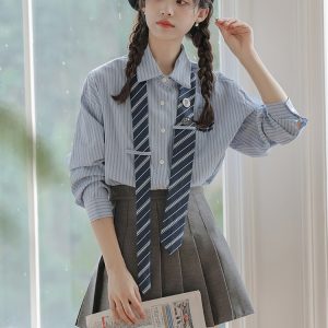 American Vintage Style Striped Shirt Set with Brooch Preppy Academia 2025 Early Autumn