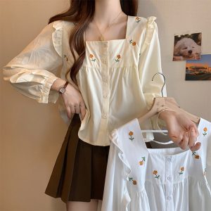 French Sweet Square Neck Puff Sleeve Loose Long Sleeve Shirt for Petite Women