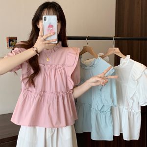 Women's Ruffle Doll Blouse French Sweet Korean Style White Short Sleeve Shirt