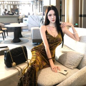 Iris New Chinese Style Autumn Winter Velvet Burnout Adjustable Cami Dress for Women