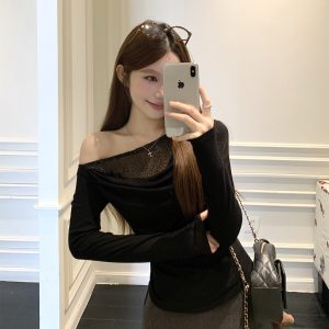 Women's Slim Fit Sequin Draped Neck Long Sleeve Top