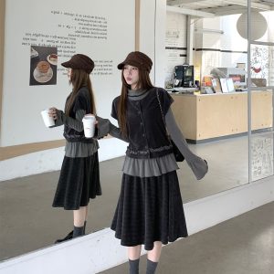 French Retro High Neck Flared Sleeve Knit Top with Vest and High Waist Pleated Skirt