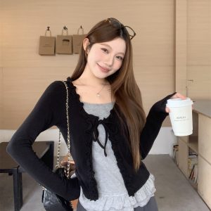 Sweet Faux Two-Piece Ruffle Long Sleeve Cardigan Top