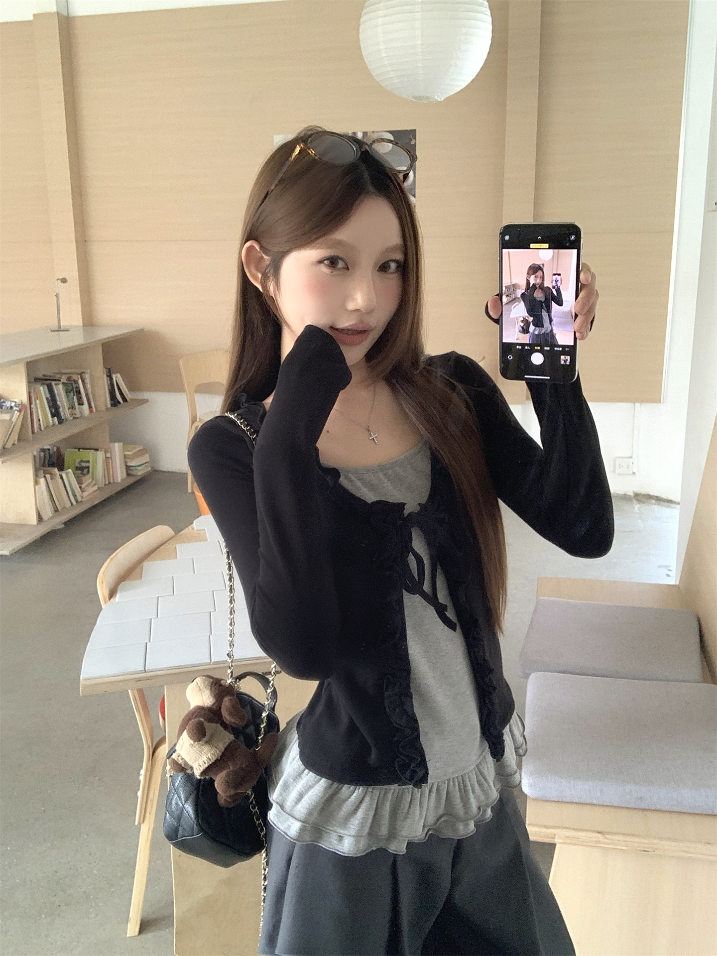 Sweet Faux Two-Piece Ruffle Long Sleeve Cardigan Top - Image 2