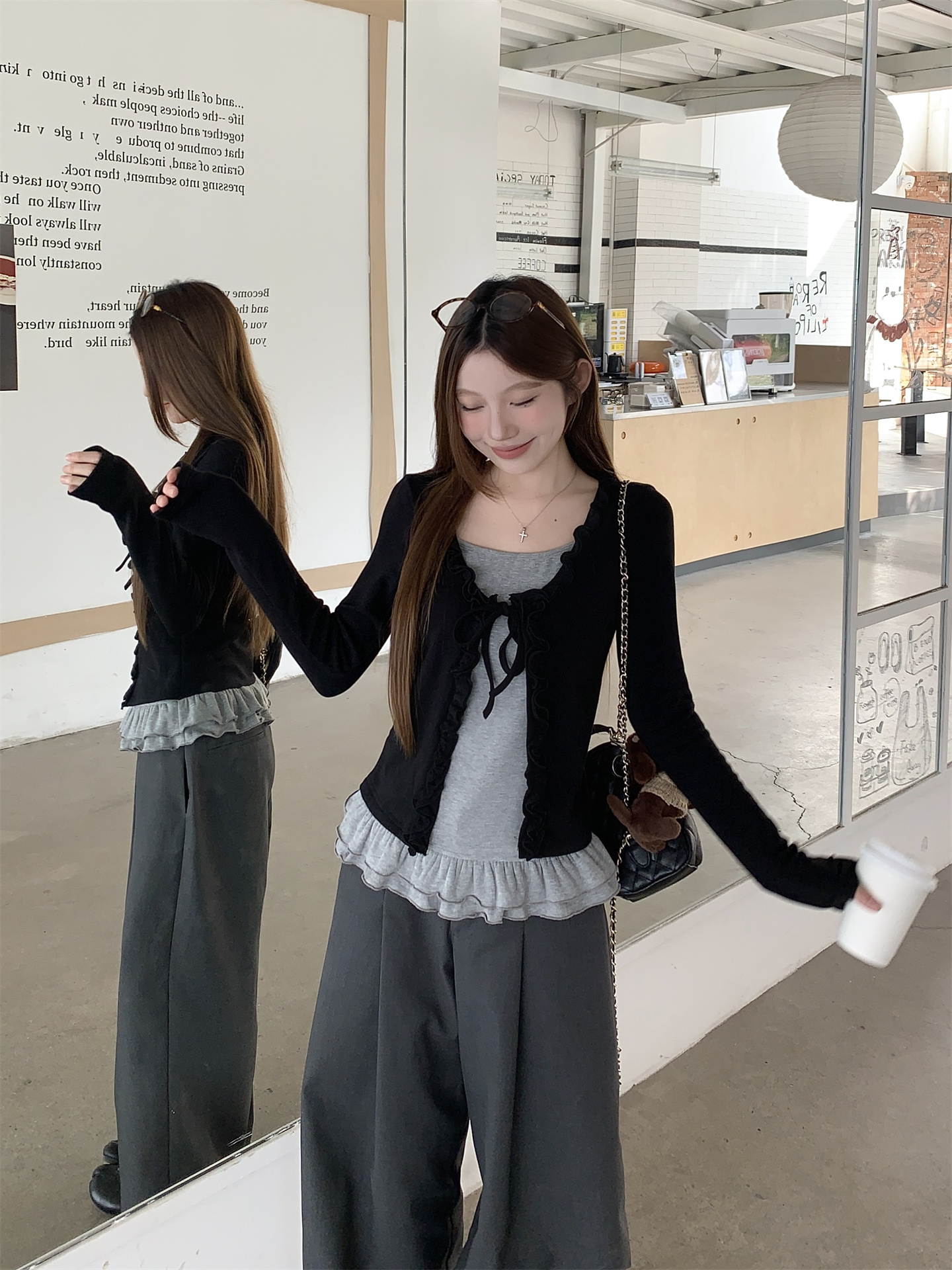 Sweet Faux Two-Piece Ruffle Long Sleeve Cardigan Top - Image 3