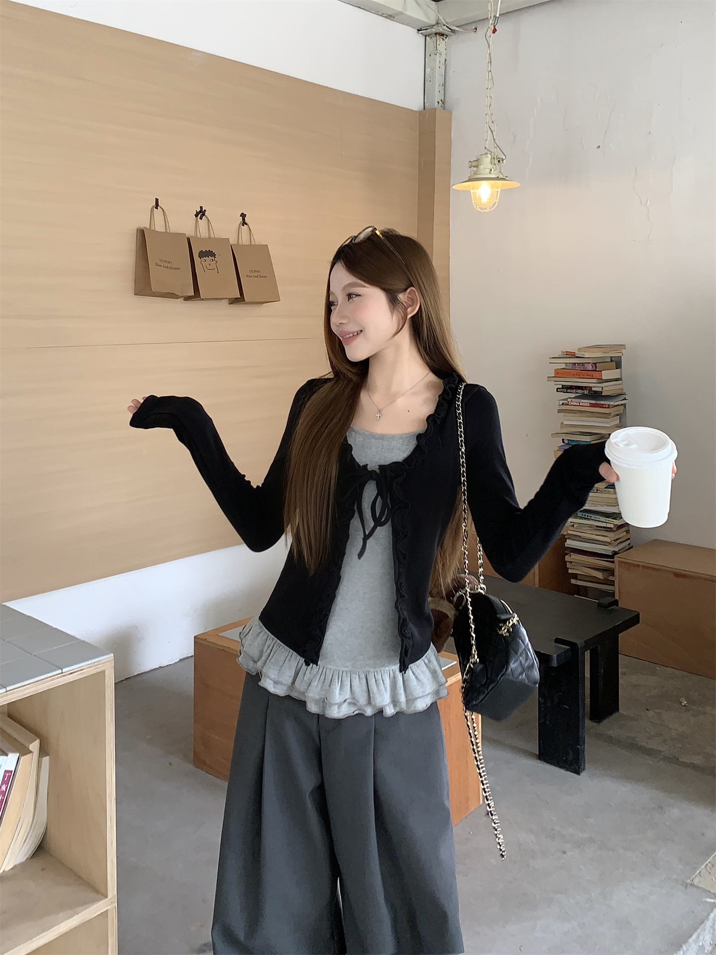 Sweet Faux Two-Piece Ruffle Long Sleeve Cardigan Top - Image 4