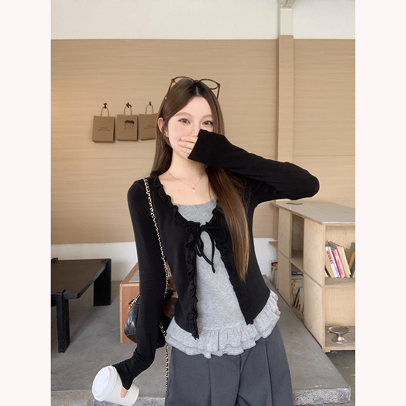Sweet Faux Two-Piece Ruffle Long Sleeve Cardigan Top - Image 5
