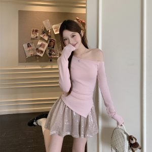 Women's Slim Fit One-Shoulder Long Sleeve Top and A-Line Sequin Skirt Set - Style e0e870
