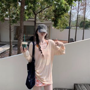 Sweet Vacation Off-Shoulder Striped Long-Sleeve Top and Petal A-Line Skirt Two-Piece Set