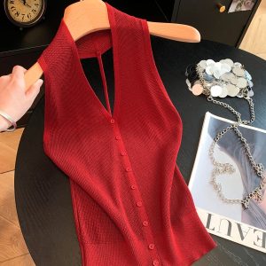 Women's V-Neck Halter Knit Cami Top Sexy Backless Summer 2026