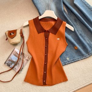 Korean Retro Color Block Polo Neck Sleeveless Knit Vest Women Summer Single Breasted Slim Fit Versatile Thin Top - Style c341df