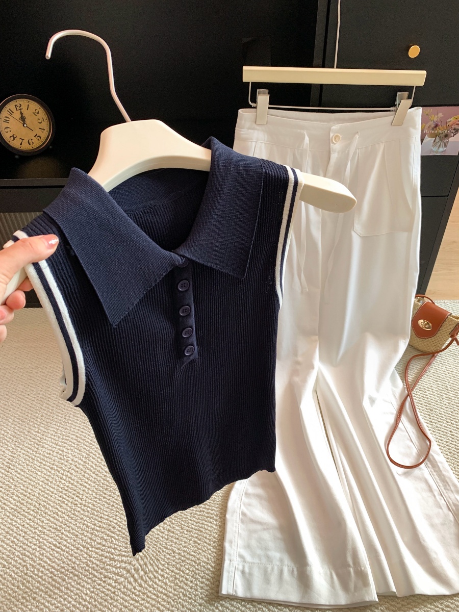 Korean Style Color Block Striped Polo Collar Button Knit Top for Women Summer Thin Slimming Pullover - Image 2