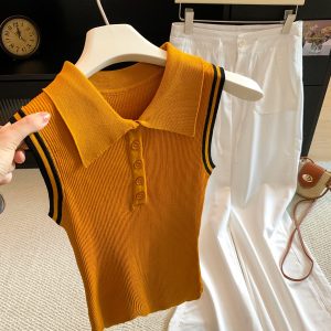Korean Style Color Block Striped Polo Collar Button Knit Top for Women Summer Thin Slimming Pullover