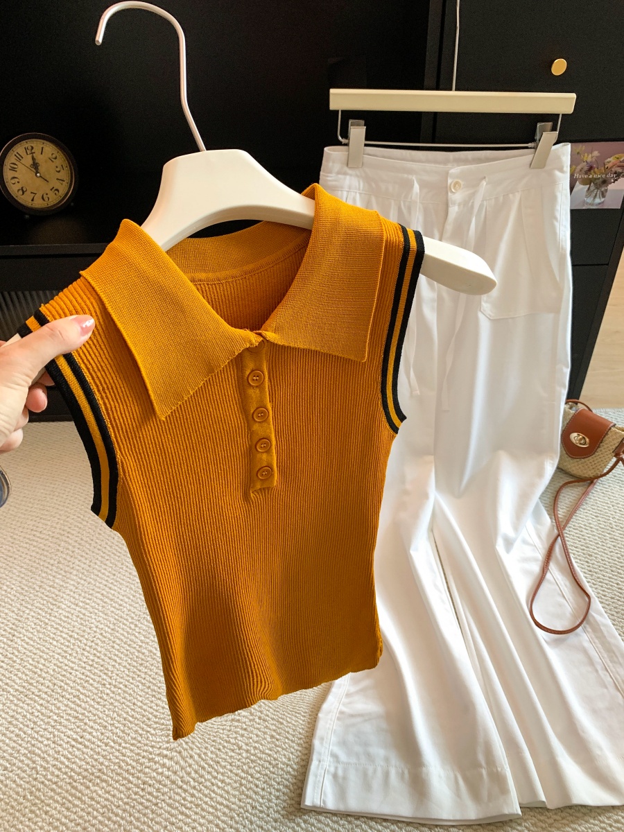 Korean Style Color Block Striped Polo Collar Button Knit Top for Women Summer Thin Slimming Pullover