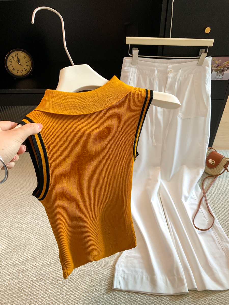 Korean Style Color Block Striped Polo Collar Button Knit Top for Women Summer Thin Slimming Pullover - Image 3