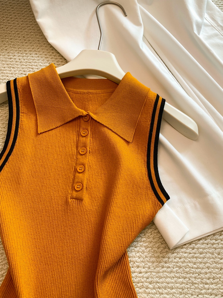 Korean Style Color Block Striped Polo Collar Button Knit Top for Women Summer Thin Slimming Pullover - Image 4