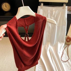 Women's Red Halter Cowl Neck Knit Top Summer Slim Fit Sleeveless Vest