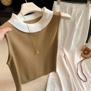 Women's Sleeveless French Commuter Blouse 2026 Summer New Versatile Slimming Color Block Draped Cowl Neck Top